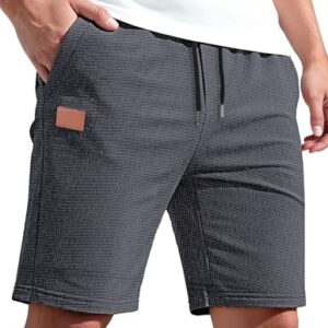 Herrenwaffelkurze Hosen aus Baumwolle und Polyester, dunkelgrauer Farbton, 3XL Größe, elastische Taille mit Taschen, ideal für Sommer, Freizeit oder Alltag.