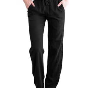 Tincini Damen Leinen Hose Sommer Musselin Stoffhose Einfarbig Freizeit Strandhose Gerade Geschnitten mit Taschen Schwarz XL