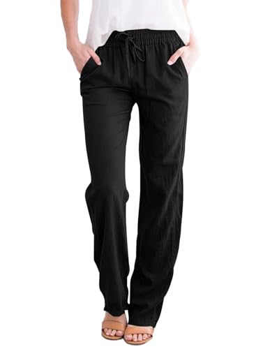 Tincini Damen Leinen Hose Sommer Musselin Stoffhose Einfarbig Freizeit Strandhose Gerade Geschnitten mit Taschen Schwarz XL