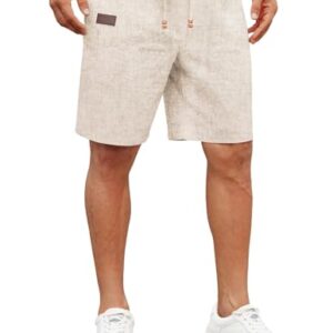 Herren Kurzarm Shorts aus Leinen mit Gummizug, Beige, XL Größe