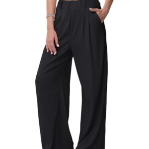 Weite Hosen Damen-Bügelfreie Lässig Leichte Stoffhose Locker Palazzo Hose Hohe Taille Sommer Freizeithose mit Tasche, schwarz, M/32L