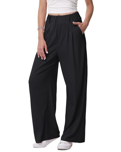 Weite Hosen Damen-Bügelfreie Lässig Leichte Stoffhose Locker Palazzo Hose Hohe Taille Sommer Freizeithose mit Tasche, schwarz, M/32L