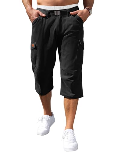 HMIYA Herren Cargo Shorts 3/4 Hose Baumwolle Sommer Kurze Cargohose mit 6 Taschen in Schwarz, EU-XL Größe - Lässige Short für den Sommer