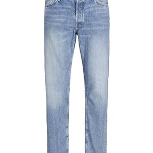 Blau, Jeans mit Knopfleiste, Relaxed Fit, Gesäßtaschen, Münztasche, hohe Taille, stonewashed, used-Look, faded-Effekte, Jack & Jones