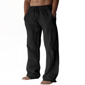 Leinenhosen für Herren - Lang, leicht und atmungsaktiv - Sommerhosen mit Tunnelzug und Taschen aus Baumwoll-Leinen-Mischgewebe (Schwarz, XL)