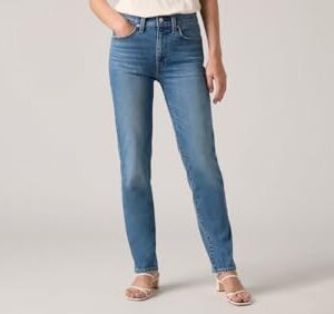 Blaue Levi's 724 High Rise Straight Kick Start Jeans mit hohem Bund und geradem Bein, wasserstopp-fähiges Material aus recyceltem Wasser.