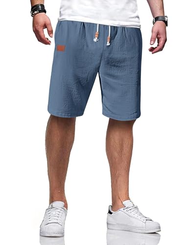TARAINYA Leinen Kurze Hosen Herren Baumwolle mit Gummizug, Freizeithose Shorts Herren Sommer Casual Leicht mit Taschen, B Dunkelblau XL