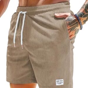 Bequeme und locker gehende Herren Kurze Hose aus weicher Baumwolle für den Sommer - Khaki Farbe mit Taschen und elastischem Bund