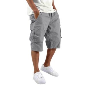 Herren Cargo Shorts Sommer Jorts 3/4 Hose mit elastischer Taille Kordelzug vielen Taschen aus Baumwolle lockere Passform knielang casual für Freizeit, Grau, XL