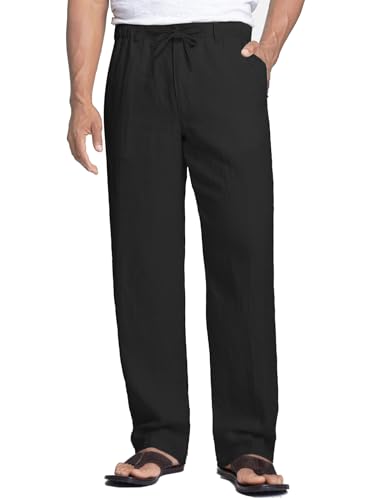 Leinenhose für Herren mit Tunnelzug, Schlupfhosen und Freizeithosen in Schwarz, lange Hosen mit Loose Fit