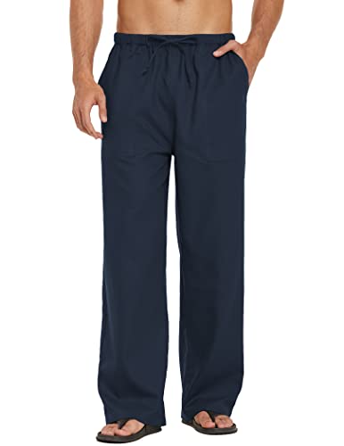 Navyblauer Leinenhosen-Stoff, atmungsaktiv und leicht, ideal für den Sommer. Herrenleinenhose mit Tunnelzug und Taschen.