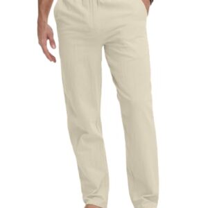 Herren-LVCBL-Leinenhose, atmungsaktives Leinenmix, elastischer Bund mit Kordelzug, Reißenverschluss und Knopf, zwei Seitentaschen, Sommer-Outfit für den Herren, Khaki Farbe