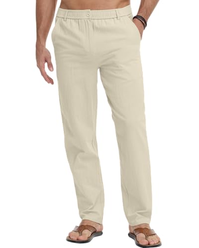 Herren-LVCBL-Leinenhose, atmungsaktives Leinenmix, elastischer Bund mit Kordelzug, Reißenverschluss und Knopf, zwei Seitentaschen, Sommer-Outfit für den Herren, Khaki Farbe