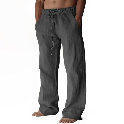 Leinehose für Herren, dunkelgraue Leinenhosen mit Tunnelzug und Taschen, bequeme Sommerkleidung für Männer