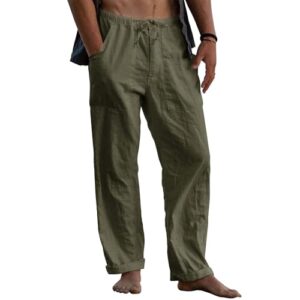 Leinenhose für Herren, lange Sommerhose mit Tunnelzug und Reißverschluss, Baumwollehosen in Grüntönen