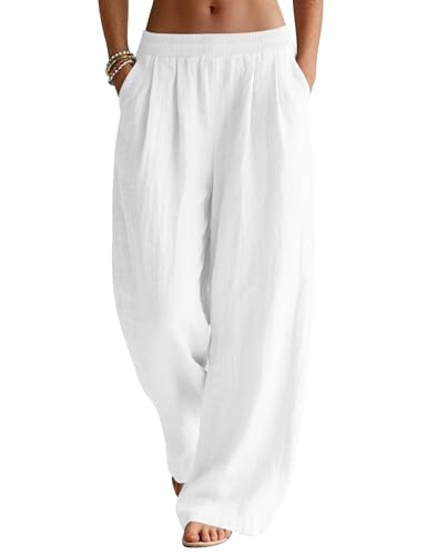Palazzo Hose für Damen aus Leinen, weite Bein, Taschen, weiß, Sommermode, Freizeitkleidung