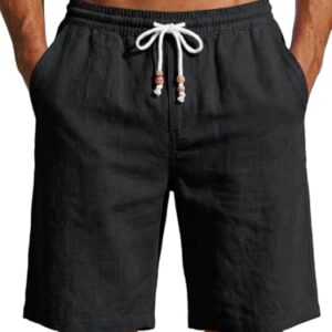 Runcati Kurze Hosen Herren Leicht Leinen Shorts Männer Einfarbig Baumwolle Sommer Short Chino Sport Strand Freizeithose mit elastischer Taille und Taschen Schwarz
