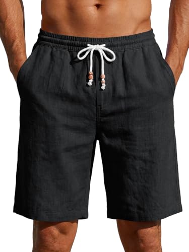 Runcati Kurze Hosen Herren Leicht Leinen Shorts Männer Einfarbig Baumwolle Sommer Short Chino Sport Strand Freizeithose mit elastischer Taille und Taschen Schwarz