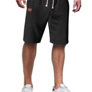 Herrenelegante Leinenkurzehose mit Gummizug und Taschen, Baumwoll-Mischung 71% Baumwolle 29% Leinen, sommerliche Freizeithose Schwarz L Größe