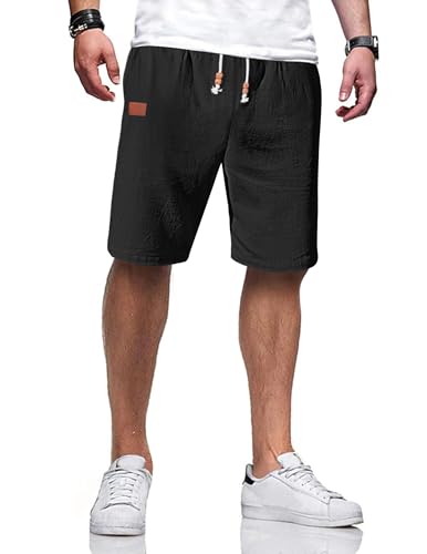 Herrenelegante Leinenkurzehose mit Gummizug und Taschen, Baumwoll-Mischung 71% Baumwolle 29% Leinen, sommerliche Freizeithose Schwarz L Größe