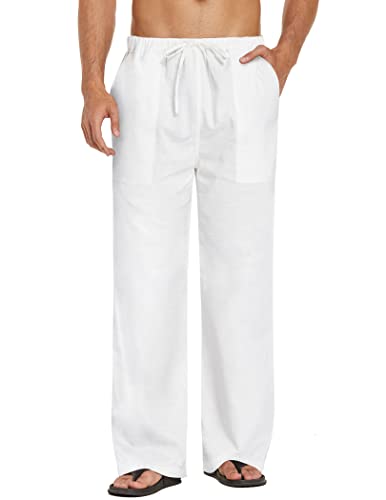 Herrenleinenhose mit Tunnelzug, Leichte Sommerhose für Herren, Freizeithose in Reinweiß