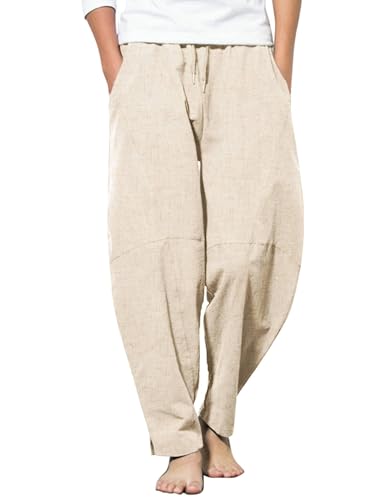 Herren Leinenhose lang, Haremshose für Männer, leicht zu tragen, Strandhose mit Taschen, Khakifarbe, 3XL Größe