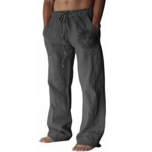 Puimentiua Leinenhose Herren, Lang Leichte Sommerhose mit lockerem Fit und Tunnelzug, Baumwoll-Hosen in Dunkelgrau, XL Größe