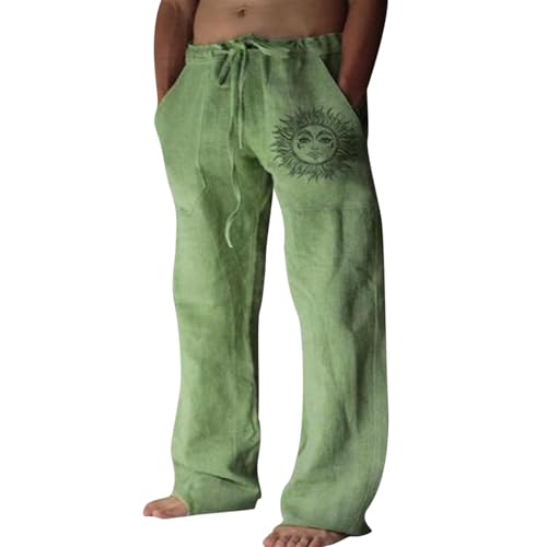Puimentiua Leinenhose Herren, Lang leichte Sommerhose mit Tunnelzug und Taschen in Grün