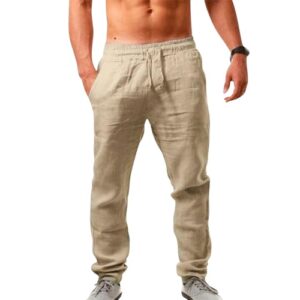 Bequeme Leinenhosen für Herren - Puimentiua Langhosen mit Tunnelzug und Taschen in Khaki, perfekt für den Sommerabend oder die Reise
