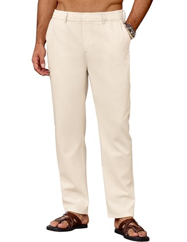 Herren Lang Sommerhose, leichte Leinenhose für den Alltag und Urlaub, bequeme Freizeithose aus Mischstoffs von 67% Viskose, 20% Polyester, 12% Leinen und 1% Baumwolle mit elastischem Bund und Taschen