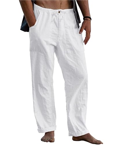Herren Leinenhose von LVCBL, Sommerhose für den Alltag, Strand oder Freizeit, Bequem zu tragen, verstellbarer Kordelzug und Taschen.