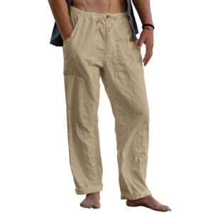 Herrene Leinenhose im Dunklen Khaki, lockerer Fit, atmungsaktiv, Reißverschluss und Tunnelzug an der Taille, perfekt für warmes Wetter oder Alltagsaktivitäten