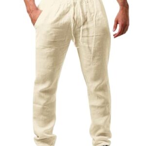 Herren Leinenhose, Einfarbiges Lang Leicht Sommerhosen, Loose Fit Freizeithose, Kordelzug, Beige, Größe XL, hoher Tragekomfort, Baumwollen-Leinen-Mischgewebe
