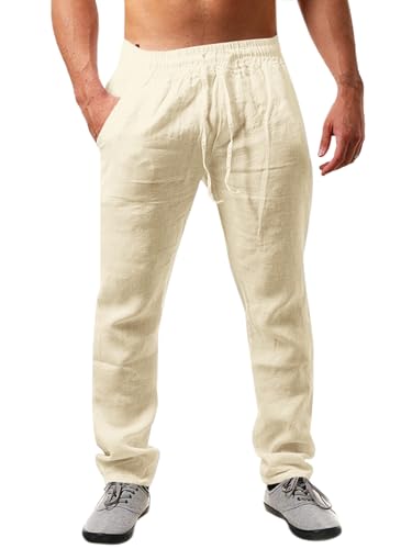 Herren Leinenhose, Einfarbiges Lang Leicht Sommerhosen, Loose Fit Freizeithose, Kordelzug, Beige, Größe XL, hoher Tragekomfort, Baumwollen-Leinen-Mischgewebe