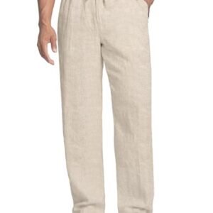 Bequeme Herren Leinen Hose Lang Sommerhose für Männer, Leichte Loose Freizeit Hose aus Leinen-Mix mit Kordelzug und Metallreißverschluss