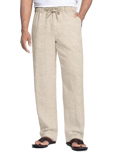 Bequeme Herren Leinen Hose Lang Sommerhose für Männer, Leichte Loose Freizeit Hose aus Leinen-Mix mit Kordelzug und Metallreißverschluss