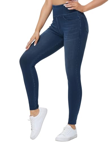 Damen Jeggings mit hoher Taille und Bauchkontrolle, Stretch-Hosen für Yoga und Alltag mit Taschen