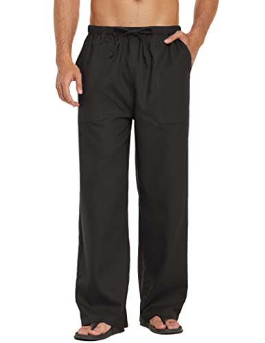 Herrenleinenhose mit Tunnelzug, Leicht Sommerhose für Freizeit, Einfarbig Hosen mit Taschen, Schwarz XL