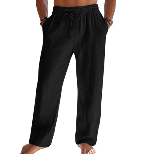 Komfortable Leinenhosen für Herren mit Kordelzug und elastischem Bund. Baumwolle Hose mit Seiten- und Gesäßtaschen für Sommer, Urlaub und Strandbesuch.