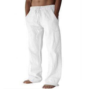 Puimentiua Leinenhose Herren, Lang Leichte Sommerhose, weiße Loose Fit Baumwollenhosen mit Tunnelzug und Taschen