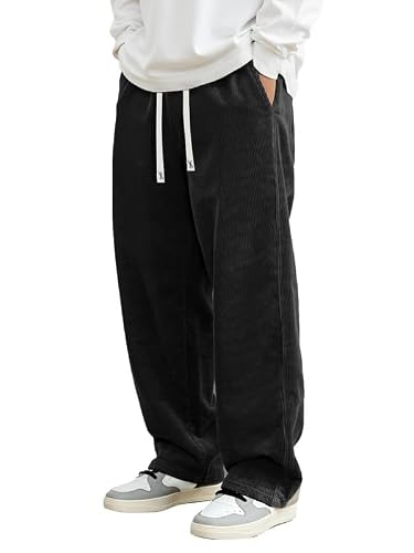 Herren Cordhose Baggy Schwarz Freizeit Jogginghose Weite Beine Sweathose Loose Fit Mit Elastische Taille L von JMIERR - Bequeme und elegante Freizeithose aus weichem Material mit gerader Passform und weiten Beinen