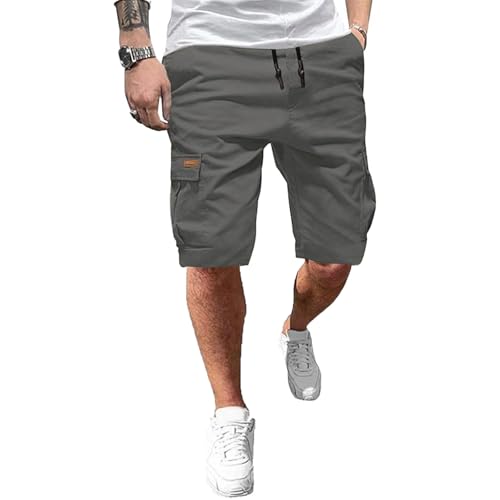 Männerkurzbeinshorts, dunkelgrauer Stoff, elastische Taille mit Tunnelzug, zwei große Taschen, perfekt für Sommer und Freizeitgebrauch