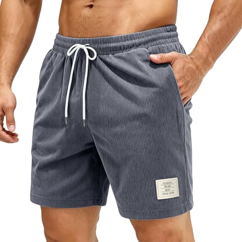 Corduroy Bermuda Shorts für Herren, atmungsaktive Kurze Hosen zum Sommer oder Freizeit, mit Reißverschlusstaschen und verstellbarem Kordelzug, Grau, XXL Größe