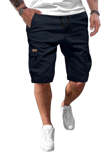 Cargo Shorts Herren aus Baumwolle, kurze Hosen mit elastischer Taille und Taschen, Navy Blau, Größe XL für Outdoor-Aktivitäten und Sport