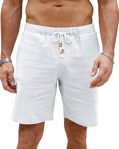 Weiße Leinenhose für Herren, kurze Shorts mit elastischer Taille und Taschen, perfekte Sommergarderobe, LVCBL Produkt