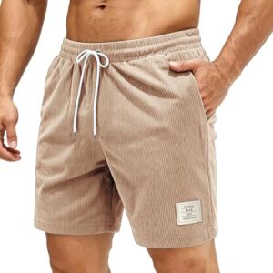 Herren Corduroy Bermuda Shorts für Sommer und Freizeit, atmungsaktiv mit Reißverschlusstaschen und Verstellbarer Kordelzug, Khaki Farbe, L Größe