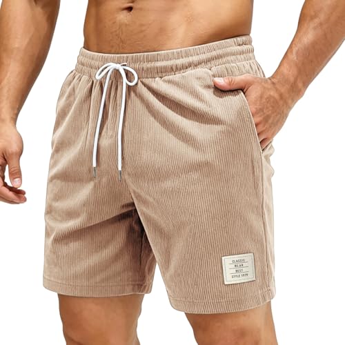 Herren Corduroy Bermuda Shorts für Sommer und Freizeit, atmungsaktiv mit Reißverschlusstaschen und Verstellbarer Kordelzug, Khaki Farbe, L Größe