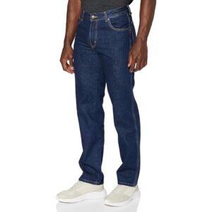 Authentische Wrangler-Jeans in Darkstone (Blau) mit geradem Bein und klassischem Design. 100% Baumwolle, leicht zu tragen und stilvoll ausgestattet.