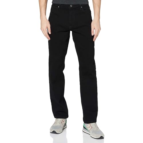 Bequeme Wrangler Jeans für Herren mit regulärer Passform, schwarzer Rinse und roten Kabeln